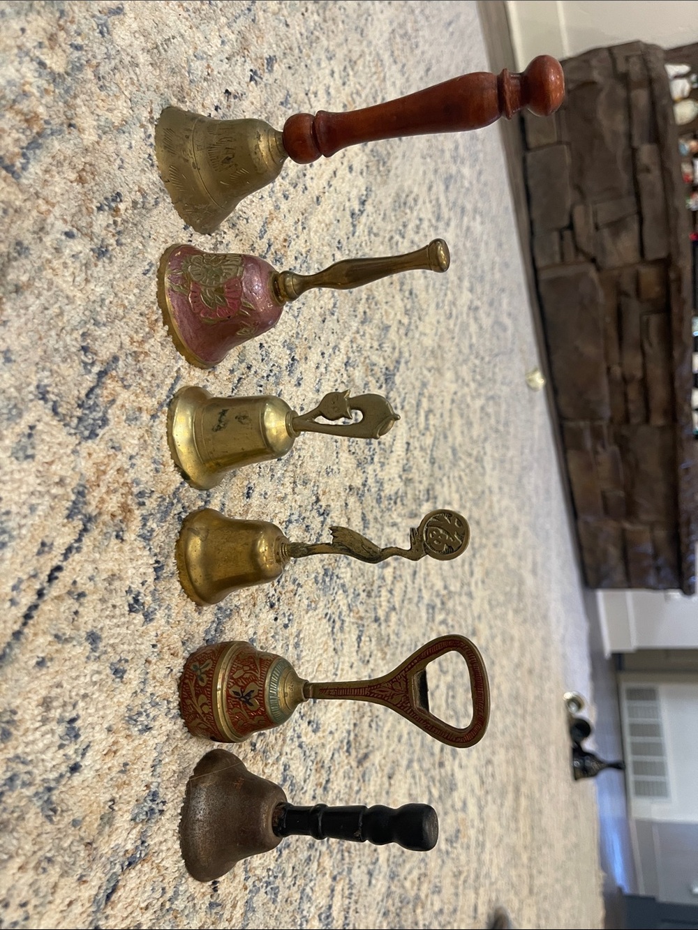 Antique Brass and Wood Decorative Hand Bell Set - Gold, Brown, Red